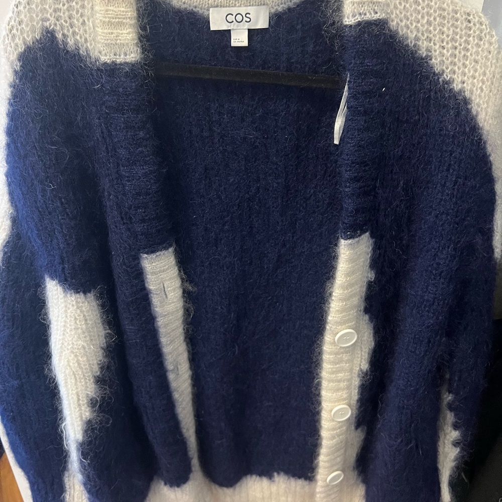 Oversized Mohair COS Cardigan in navy blue with white detailing. Size M.